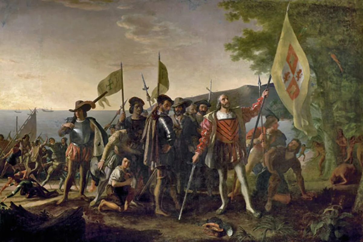 On Oct. 12, 1492, Columbus landed on the island of San Salvador and claimed all of the New World for Spain. “Landing of Columbus,” 1847, by John Vanderlyn. Capitol Rotunda. (Public Domain)