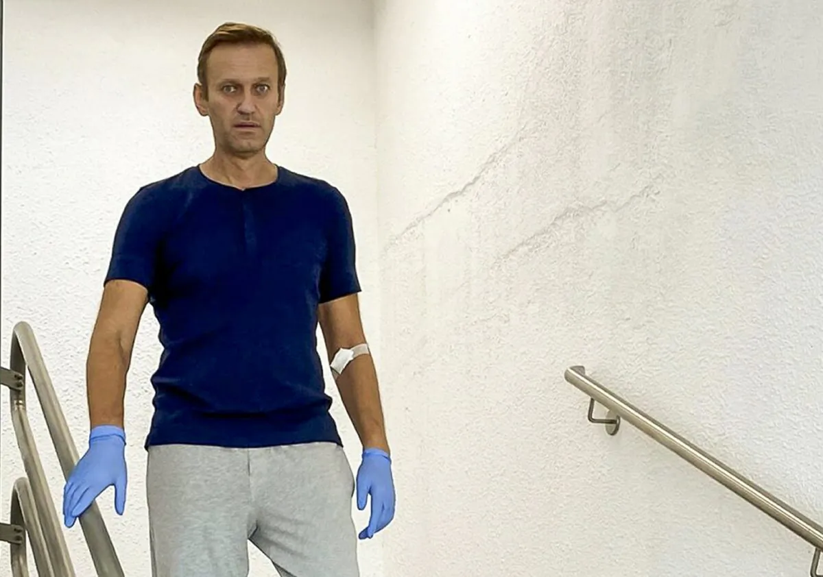 Russian opposition leader Alexei Navalny walks down stairs in a hospital in Berlin, Germany, on Sept. 19, 2020. (Navalny Instagram via AP)