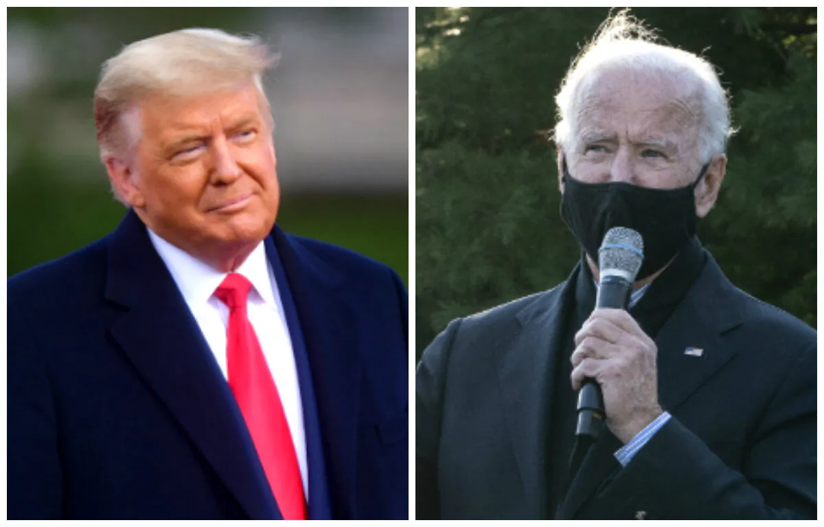 President Donald Trump (L) addresses supporters during a rally in Newtown, Penn., on Oct. 31, 2020. Democratic presidential nominee Joe Biden (R) makes a stop at a canvass kickoff event at Birmingham Unitarian Church in Bloomfield Hills, Mich., on Oct. 31, 2020. (Mark Makela and Drew Angerer/Getty Images)