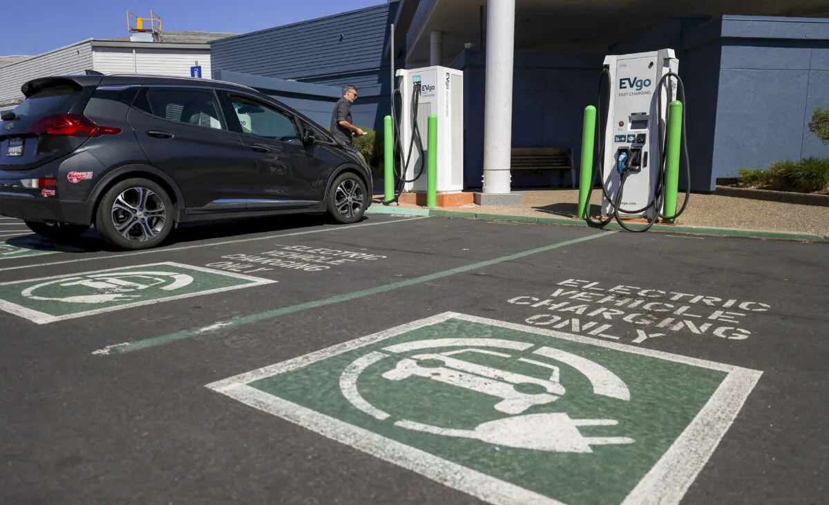An electric car charging station in Corte Madera, Calif., on Sept. 23, 2020. President Joe Biden's "infrastructure" proposal would reportedly include money for electric car charging stations. (Justin Sullivan/Getty Images)