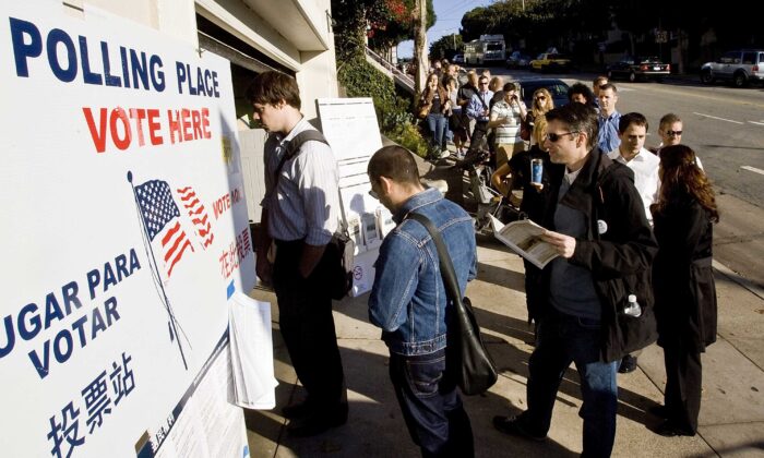 People wait in line to vote on Castro Street in San Francisco, Calif., on Nov. 4, 2008. (David Paul Morris/Getty Images)