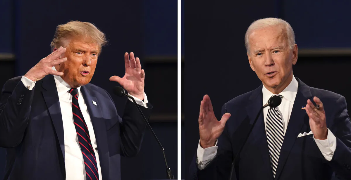 President Donald Trump (L) and former Vice President Joe Biden during the first presidential debate at Case Western University and Cleveland Clinic, in Cleveland, Ohio, on Sept. 29, 2020. (Patrick Semansky/AP Photo)