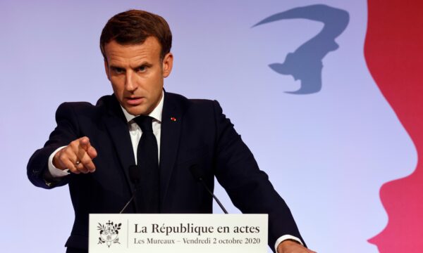 French President Emmanuel Macron delivers a speech