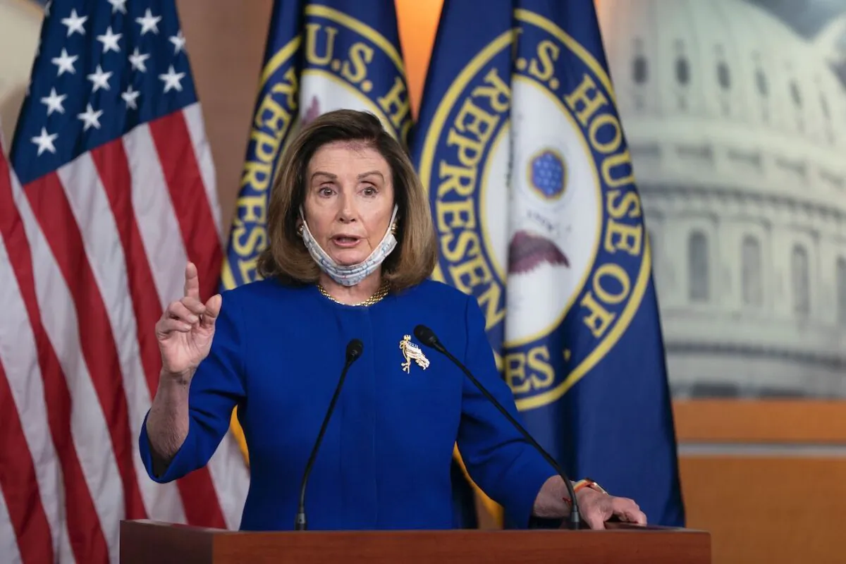 Speaker of the House Nancy Pelosi (D-Calif.) speaks to the press at the US Capitol in Washington, on Sept. 23, 2020. (Alex Edelman/AFP via Getty Images)