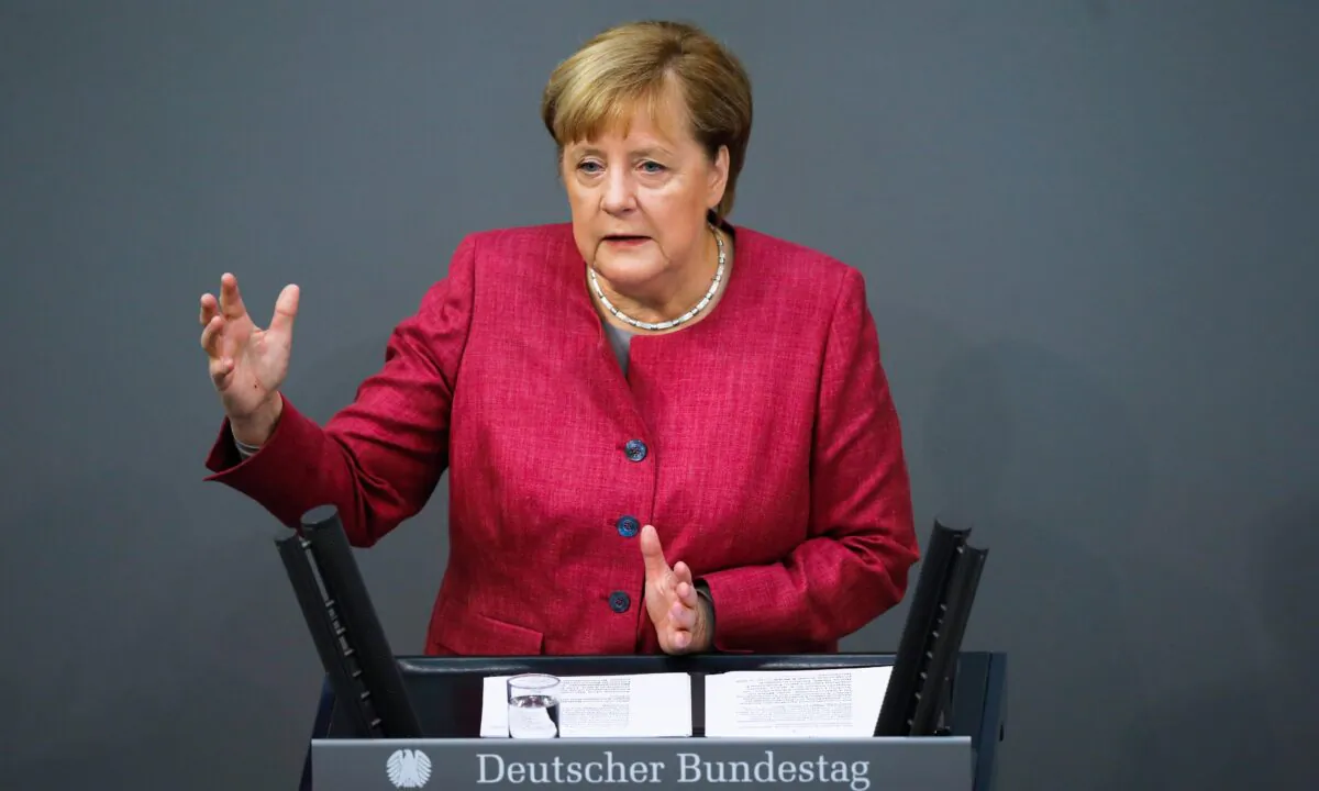 German Chancellor Angela Merkel delivers her speech during a debate about her policy as part of Germany's budget 2021 debate at the parliament Bundestag in Berlin, Germany, on Sept. 30, 2020. (Markus Schreiber/AP Photo)