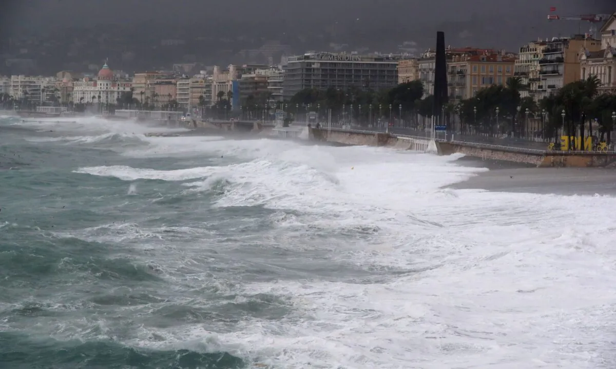 Waves hit the shore as storm Alex reaches the French riviera's coasts near the Promenade des Anglais in Nice, on Oct. 2, 2020. (Valery Hache/AFP via Getty Images)