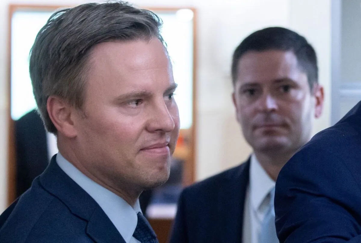 Trump 2020 campaign manager Bill Stepien aboard Air Force One, flying from Manchester, New Hampshire to Joint Base Andrews in Maryland, on Aug. 28, 2020. (Saul Loeb/AFP/Getty Images)