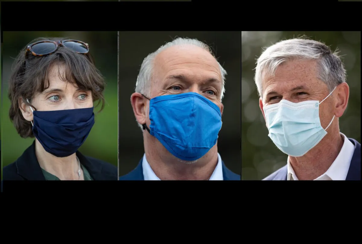 (L-R) Green Party Leader Sonia Furstenau, NDP Leader John Horgan, and Liberal Leader Andrew Wilkinson, during campaign stops. (The Canadian Press/Darryl Dyck)