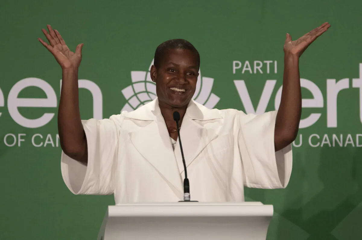 New Green party leader Annamie Paul celebrates after speaking at the leadership announcement in Ottawa on Oct. 3, 2020. (The Canadian Press/Adrian Wyld)