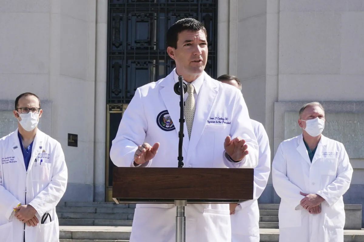 Dr. Sean Conley, physician to President Donald Trump, briefs reporters at Walter Reed National Military Medical Center in Bethesda, Md., on Oct. 4, 2020. (Jacquelyn Martin/AP Photo)