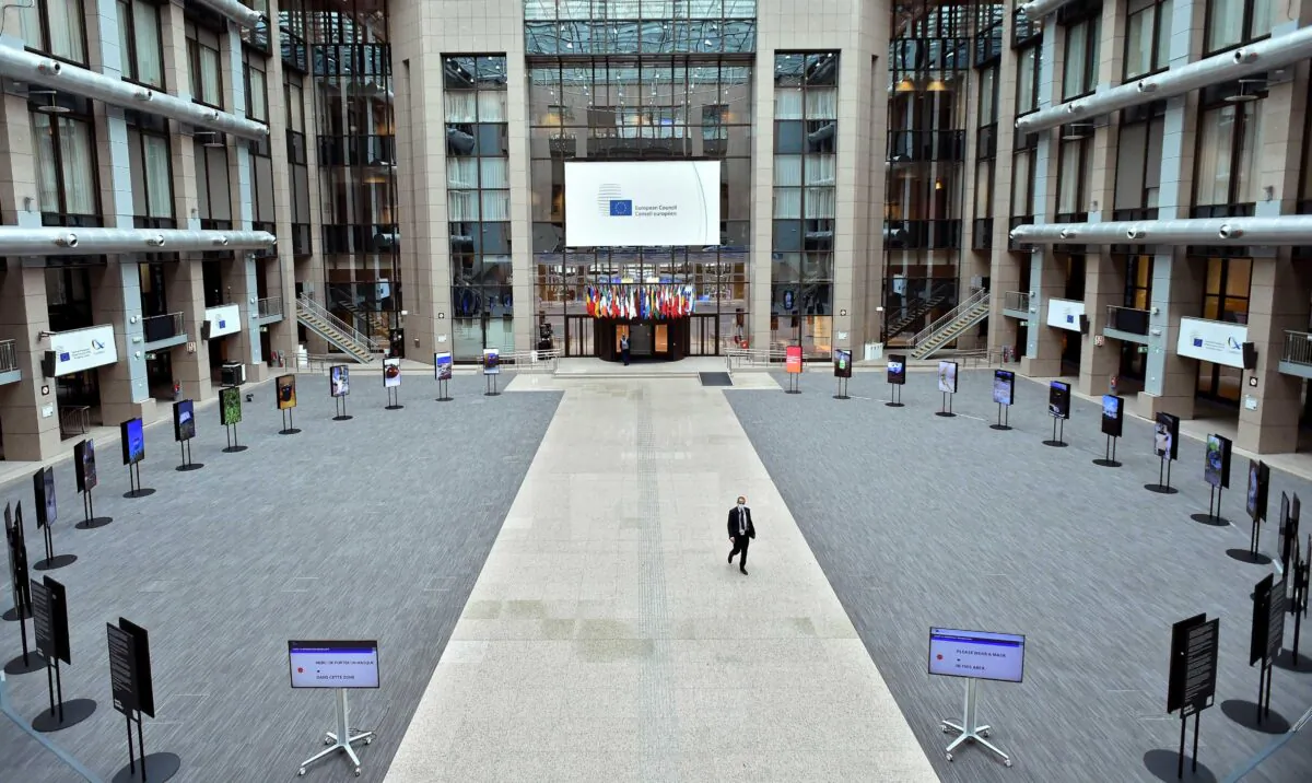 This general view shows a partially deserted media area on the first day of a European Union (EU) summit at The European Council Building in Brussels on Oct. 1, 2020. (John Thys/AFP via Getty Images)