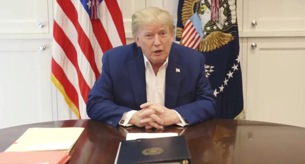 President Donald Trump, who is being treated for the CCP virus at the Walter Reed National Military Medical Center, speaks from his hospital room, on Oct. 3, 2020. (The White House/Handout via Reuters)