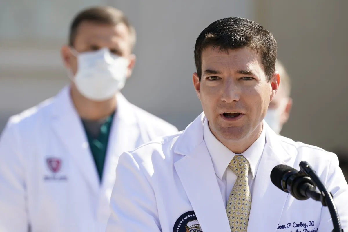 Dr. Sean Conley, physician to President Donald Trump, briefs reporters at Walter Reed National Military Medical Center in Bethesda, Md., Oct. 4, 2020. (Jacquelyn Martin/AP Photo)