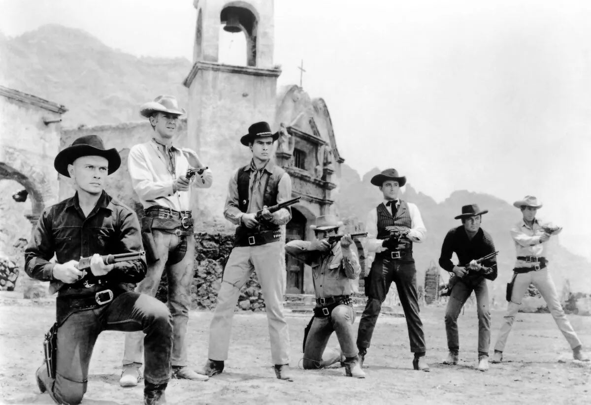 Yul Brynner, Steve McQueen, Horst Buchholz, Charles Bronson, Robert Vaughn, Brad Dexter, and James Coburn in a publicity shot for “The Magnificent Seven.” Fox Film Corporation. (Public Domain)