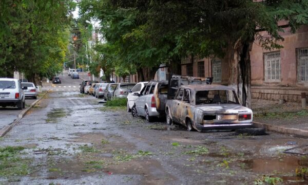 Aftermath of recent shelling during a military conflict