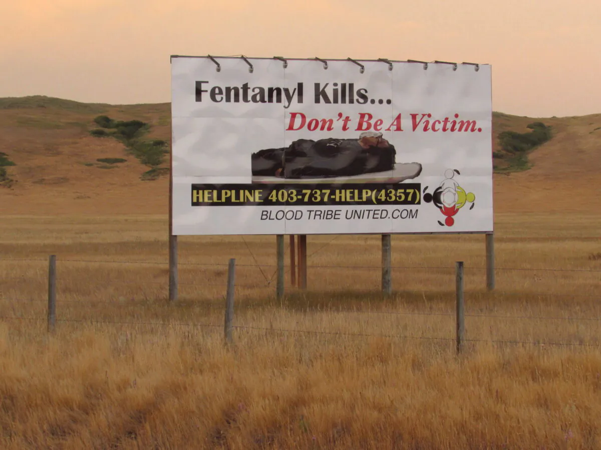 A billboard in southern Alberta on April 27, 2018, warns about the dangers of fentanyl. (Bill Graveland/The Canadian Press)