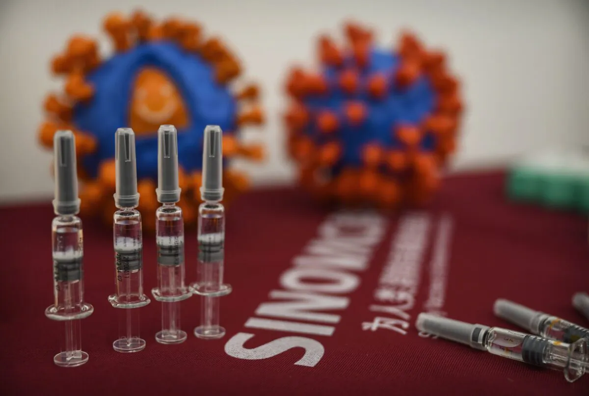 Syringes of COVID-19 vaccine CoronaVac displayed by Sinovac Biotech during a press conference in Beijing on Sept. 24, 2020. (Kevin Frayer/Getty Images)