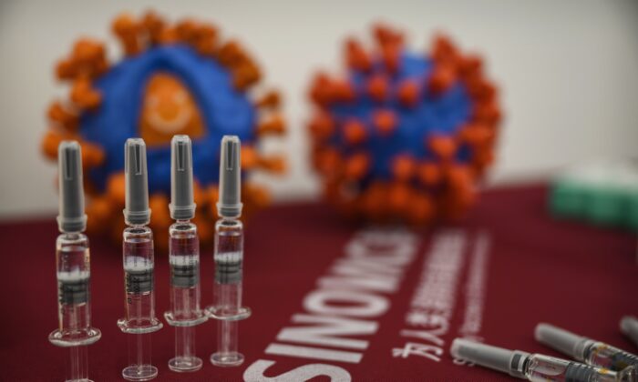 Syringes of COVID-19 vaccine CoronaVac displayed by Sinovac Biotech during a press conference in Beijing on Sept. 24, 2020. (Kevin Frayer/Getty Images)