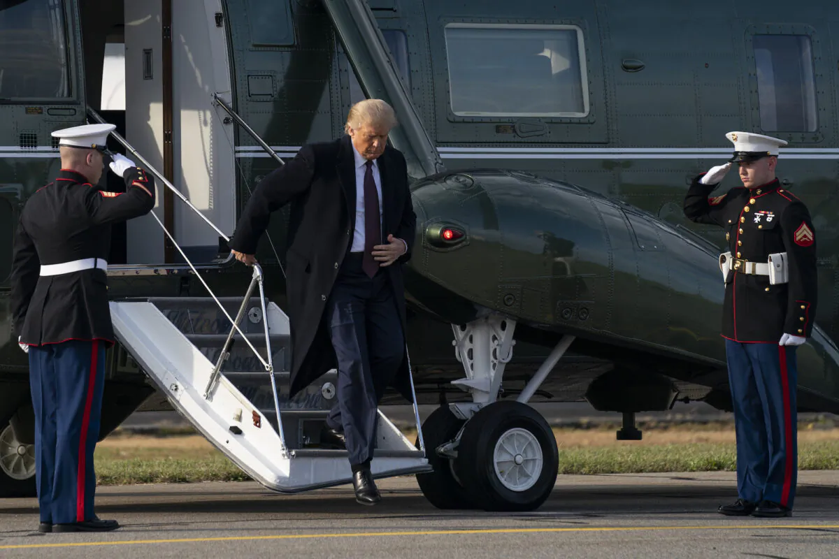 President Donald Trump steps off of Marine One in Morristown, N.J., after attending a fundraiser at Trump National Golf Club in Bedminster, N.J., on Oct. 1. 2020. (Evan Vucci/AP Photo)