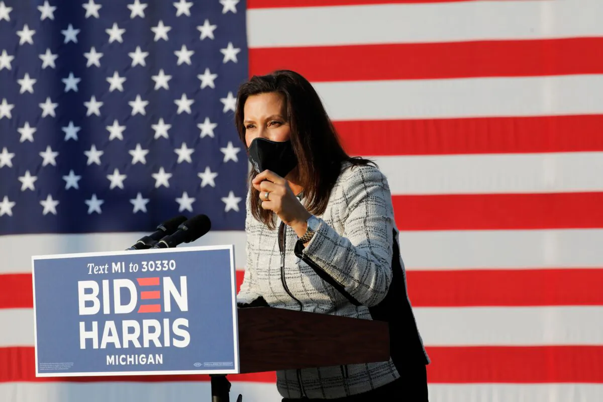 Michigan Gov. Gretchen Whitmer speaks before Democratic vice presidential nominee Kamala Harris at the Detroit Pistons Practice Facility in Detroit, Mich., on Sept. 22, 2020. (Jeff Kowalsky/AFP via Getty Images)