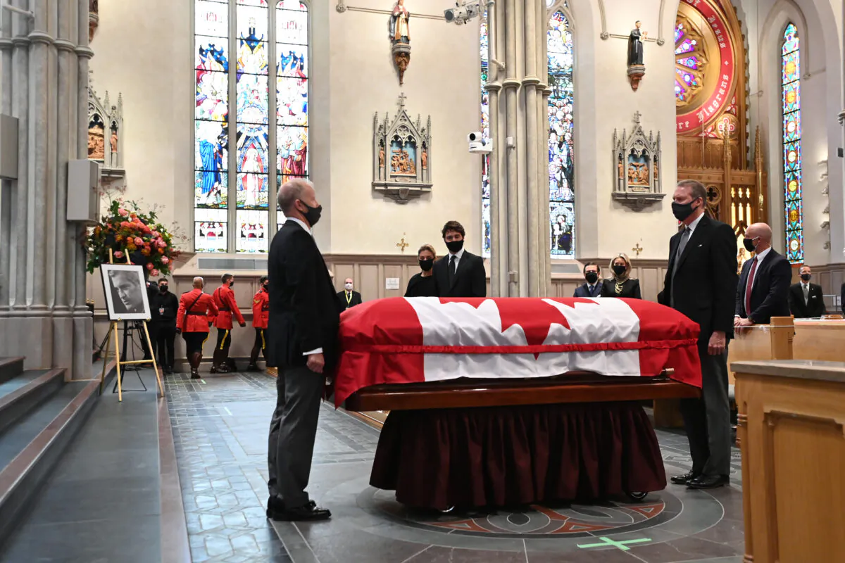 Prime Minister Justin Trudeau looks on during the state funeral service for former Canadian prime minister John Turner at St. Michael's Cathedral Basilica in Toronto on Oct. 6, 2020. (Nathan Denette/The Canadian Press)
