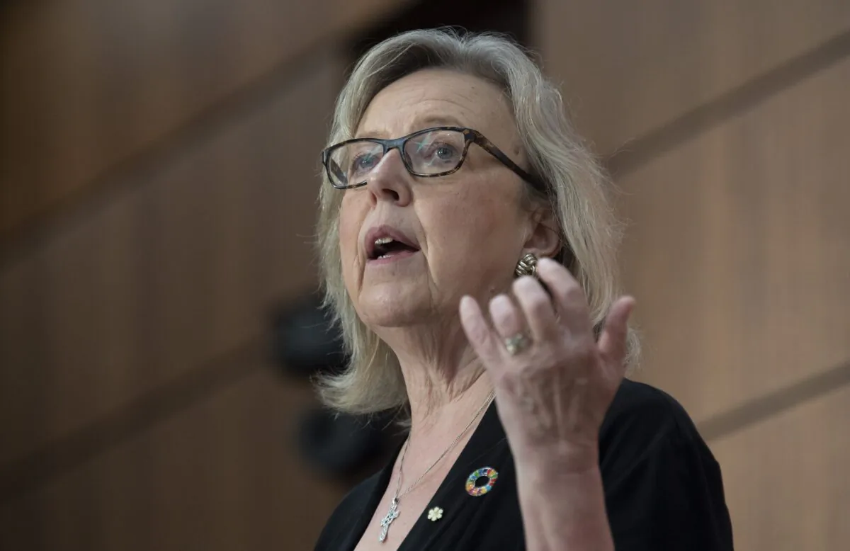 Green Party leader Elizabeth May speaks during a news conference in Ottawa on July 8, 2020. (The Canadian Press/Adrian Wyld)