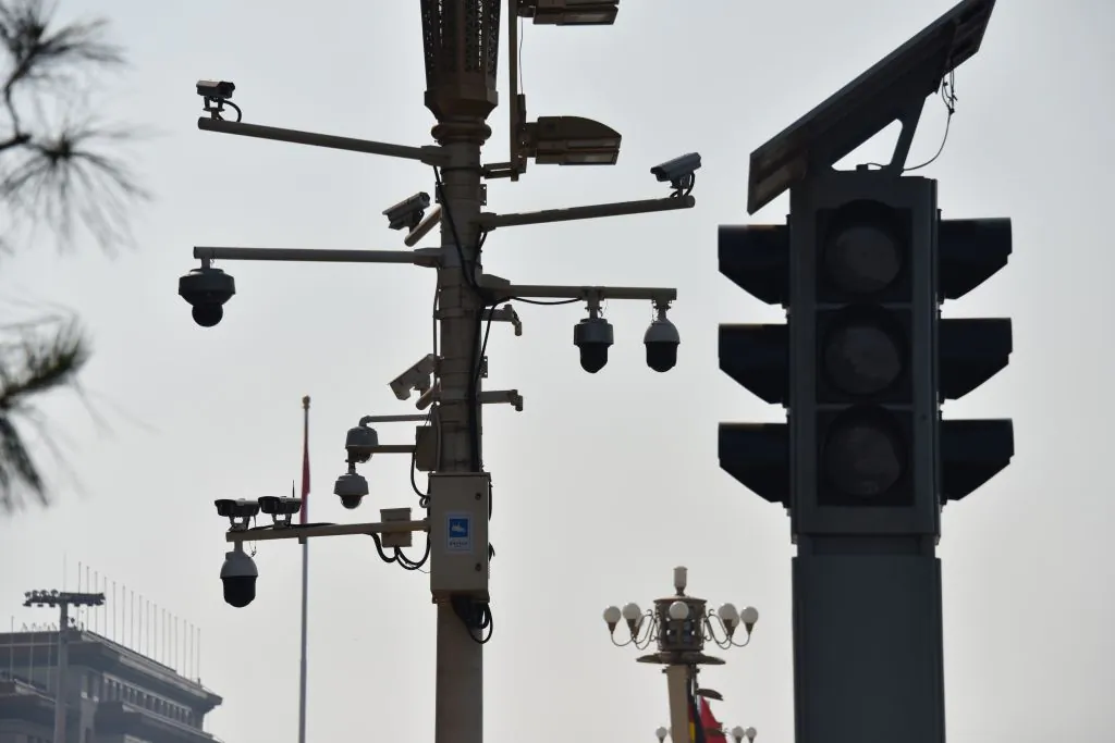 Surveillance cameras are seen on a corner of Tiananmen Square in Beijing on Sept. 6, 2019. (Greg Baker/AFP via Getty Images)