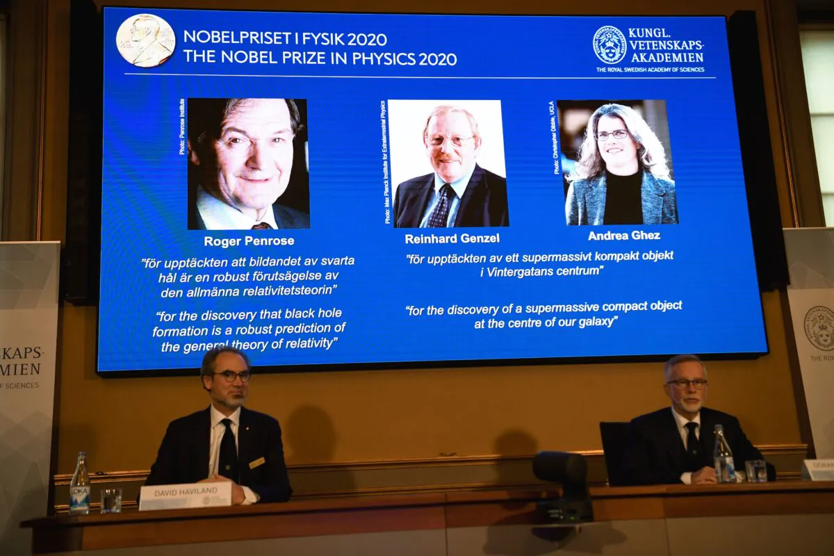 David Haviland, member of the Nobel Committee for Physics (L) and Goran K. Hansson, Secretary General of the Academy of Sciences, announce the winners of the 2020 Nobel Prize in Physics during a news conference at the Royal Swedish Academy of Sciences, in Stockholm, Sweden, on Oct. 6, 2020. (Fredrik Sandberg/TT via AP)