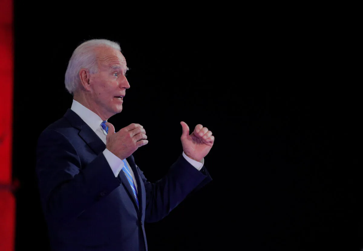Democratic presidential nominee Joe Biden gestures as he speaks during a town hall while campaigning for president in Miami, Fla., on Oct. 5, 2020. (Brendan McDermid/Reuters)