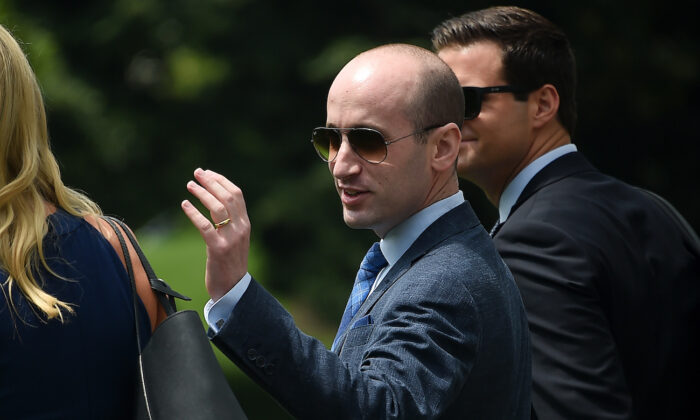 President Donald Trump's senior adviser Stephen Miller waves to supporters prior to a Marine One departure from the South Lawn of the White House in Washington, on Aug. 6, 2020. (Olivier Douliery/AFP via Getty Images)