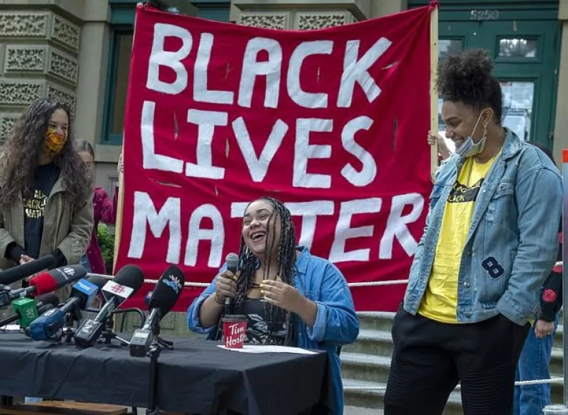 Santina Rao addresses supporters outside provincial court in Halifax on July 7, 2020 after charges against her were dropped. Nova Scotia's police watchdog agency has cleared two Halifax police officers of any wrongdoing following their violent, high-profile arrest of Rao who said she was a victim of racial profiling. (THE CANADIAN PRESS/Andrew Vaughan)