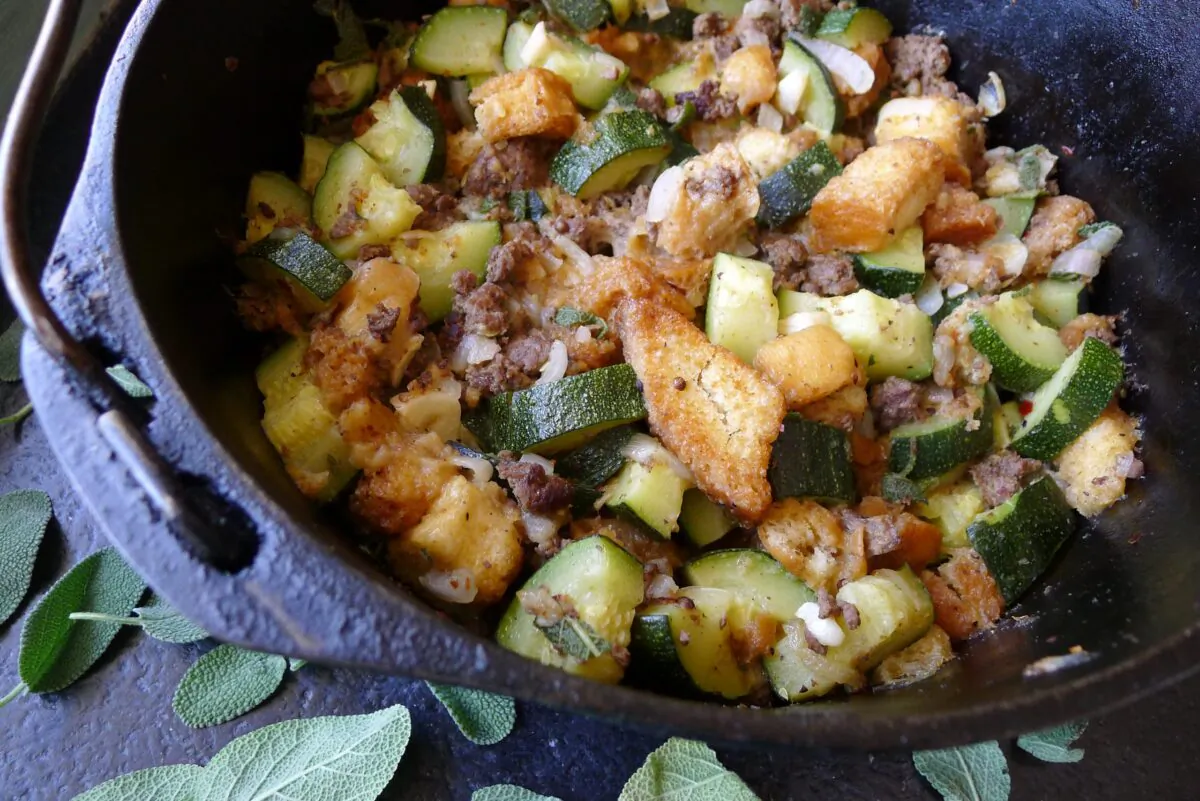 Luci's inside-out stuffed zucchini, as she originally called it, evolved to include sage and chicken stock and other stuffing flavorings, so it tastes like something that was cooked inside a bird for hours. (Ari LeVaux)