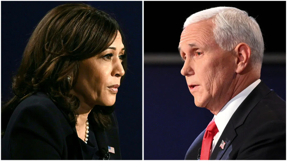 (L) Democratic vice presidential nominee Sen. Kamala Harris (D-Calif.) and (R) Vice President Mike Pence during the vice presidential debate in Kingsbury Hall at the University of Utah in Salt Lake City, Utah, on Oct. 7, 2020. (Eric Baradat/POOL/AFP & Robyn Beck/AFP via Getty Images)