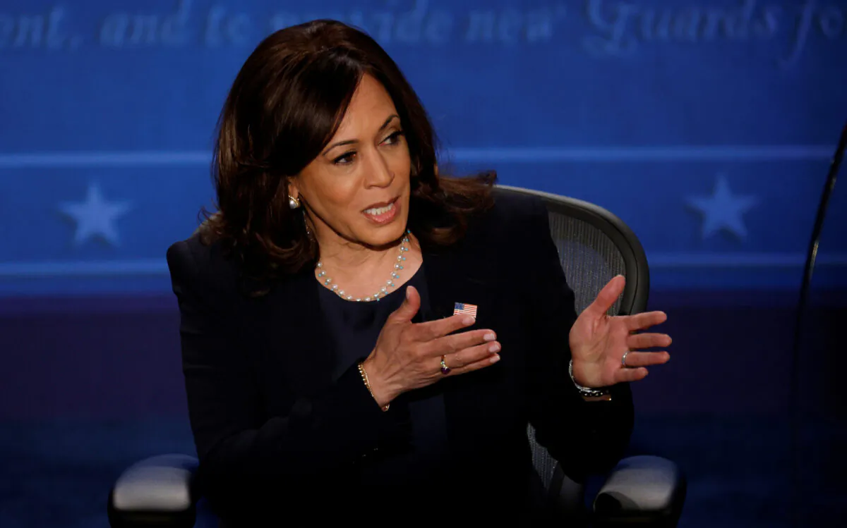 Democratic vice presidential nominee Kamala Harris speaks during the vice presidential campaign debate with Vice President Mike Pence, in Salt Lake City, Utah, on Oct. 7, 2020. (Lucy Nicholson/Reuters)