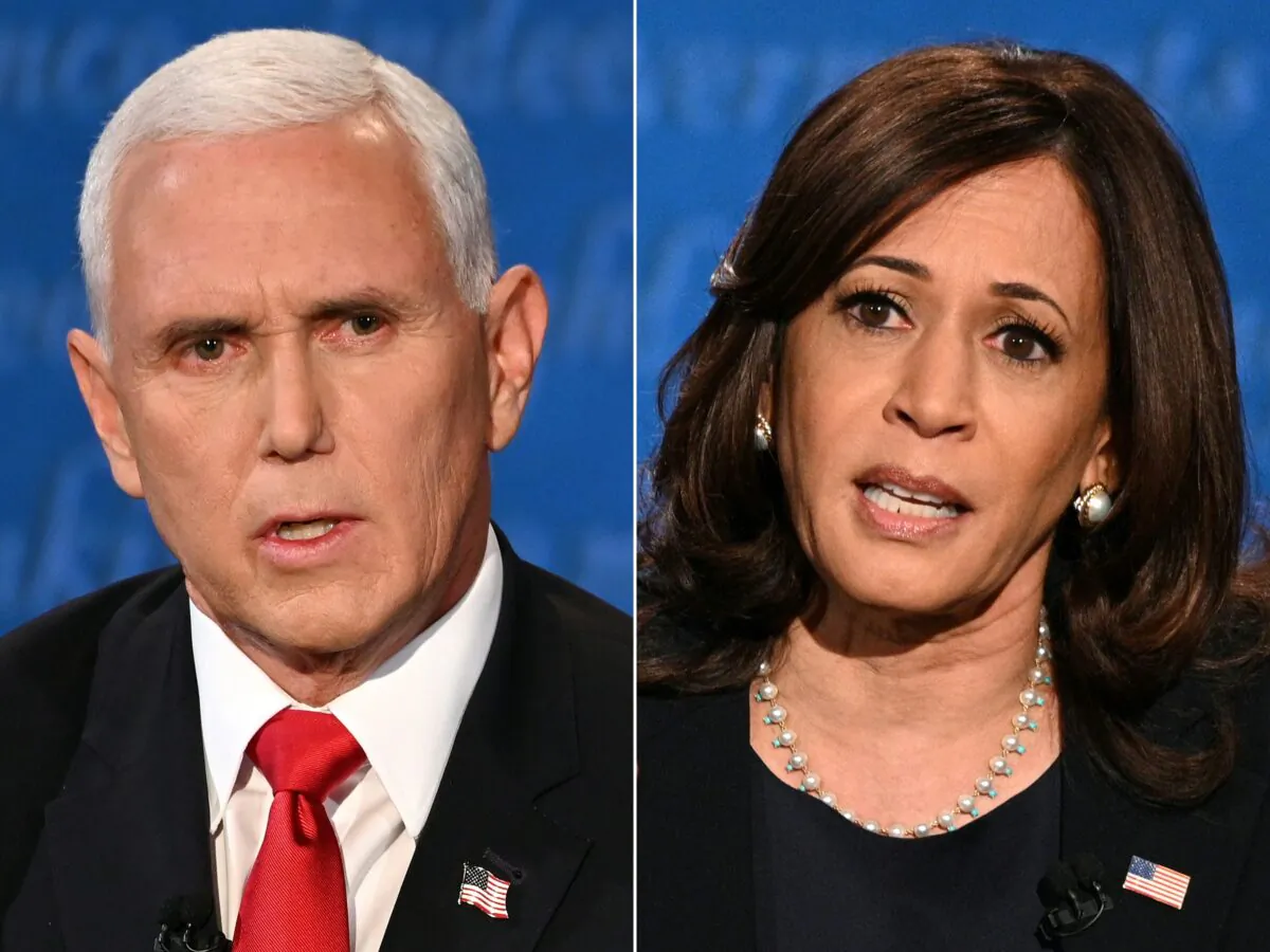 Vice President Mike Pence and Democratic vice presidential nominee and Sen. Kamala Harris (D-Calif.) during the vice presidential debate in Kingsbury Hall at the University of Utah in Salt Lake City, Utah on Oct. 7, 2020. (Eric Baradat/AFP via Getty Images)