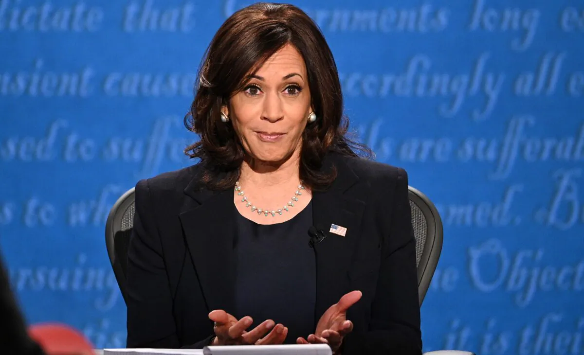Democratic vice presidential nominee and senator from California, Kamala Harris gestures during the vice presidential debate in Kingsbury Hall at the University of Utah, in Salt Lake City, Utah, on Oct. 7, 2020. (Robyn Beck/AFP via Getty Images)