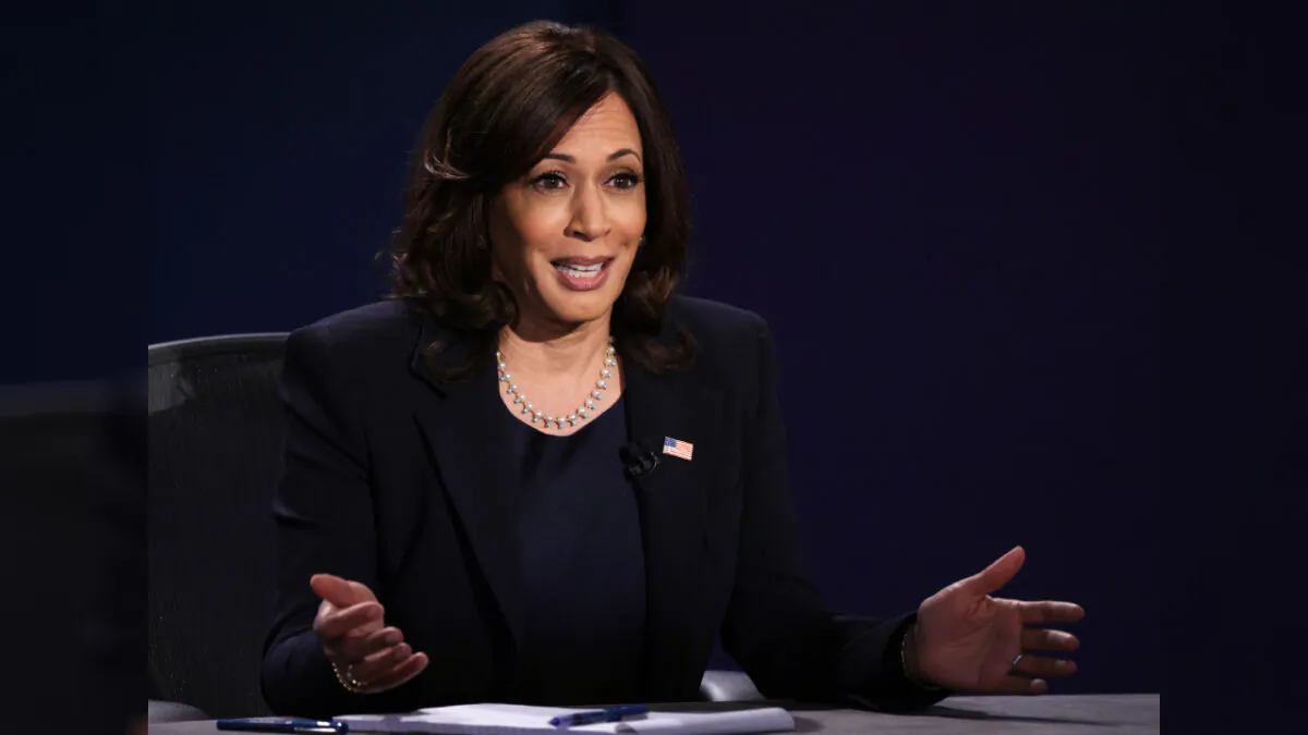 Democratic vice presidential nominee Sen. Kamala Harris (D-Calif.) participates in the vice presidential debate against Vice President Mike Pence at the University of Utah in Salt Lake City, Utah, on Oct. 7, 2020. (Alex Wong/Getty Images)
