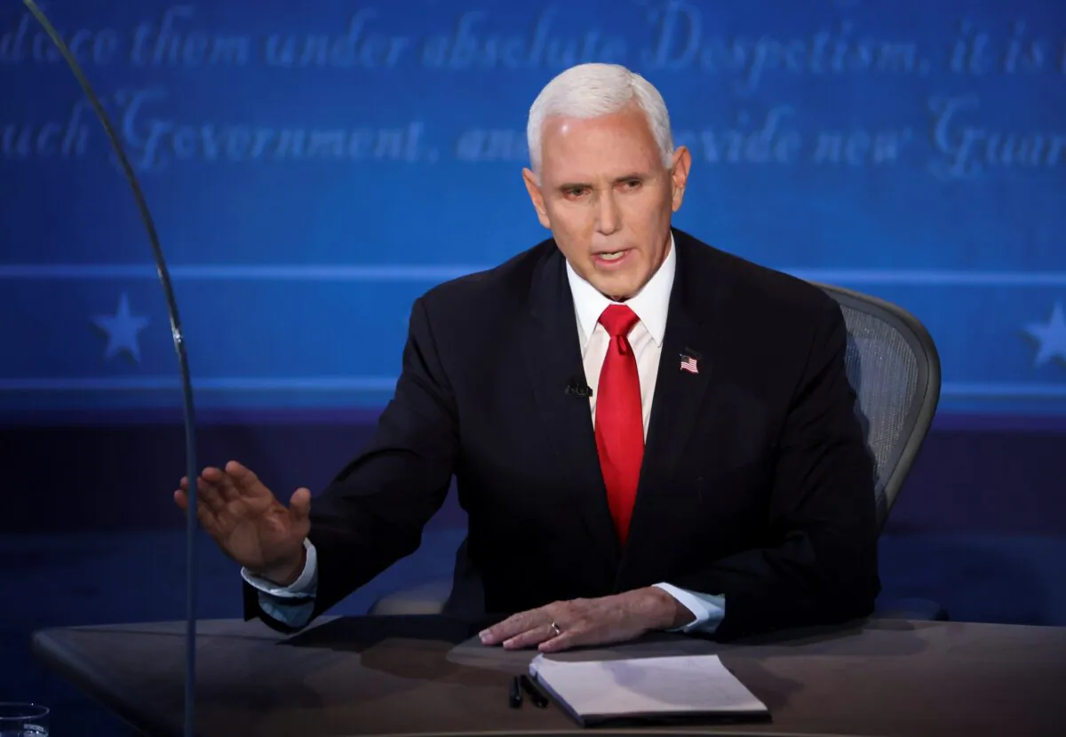 Vice President Mike Pence speaks during the vice presidential campaign debate with Democratic vice presidential nominee Senator Kamala Harris held on the campus of the University of Utah in Salt Lake City, Utah, on Oct. 7, 2020. (Lucy Nicholson/Reuters)