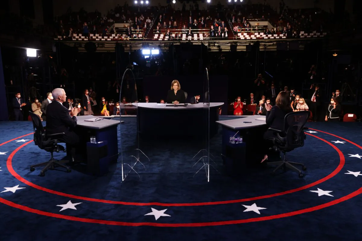 From left to right, Vice President Mike Pence, moderator Susan Page, and Democratic vice presidential nominee Kamala Harris take part in a debate in Salt Lake City on Oct. 7, 2020. (Justin Sullivan/Pool/AFP via Getty Images)