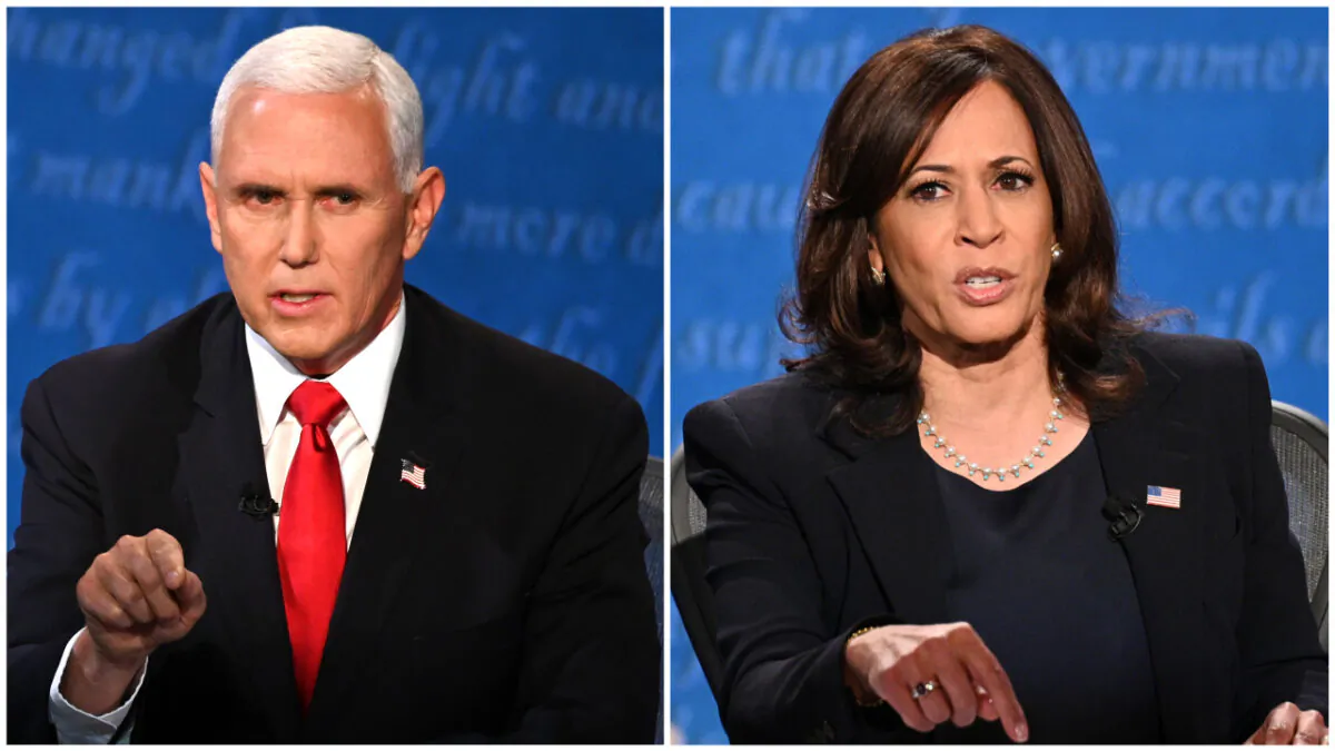 (L) U.S. Vice President Mike Pence speaks during the vice presidential debate in Kingsbury Hall at the University of Utah on Oct. 7, 2020, in Salt Lake City, Utah. (Eric Baradat/AFP via Getty Images)
US Democratic vice presidential nominee and Senator from California, Kamala Harris gestures as she speaks during the vice presidential debate in Kingsbury Hall at the University of Utah on October 7, 2020, in Salt Lake City, Utah. (Robyn Beck/AFP via Getty Images)