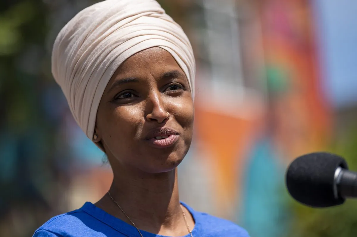 Rep. Ilhan Omar (D-Minn.) speaks to reporters in Minneapolis, Minn., Aug. 11, 2020. (Stephen Maturen/Getty Images)