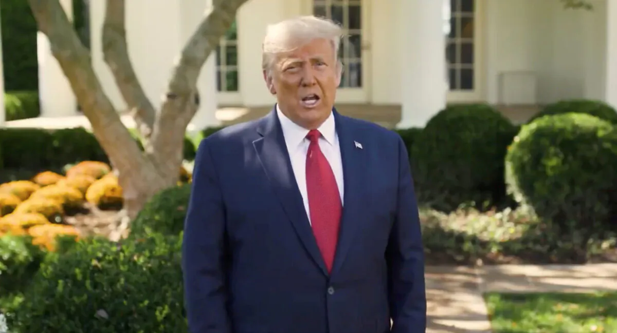 President Donald Trump makes an announcement about his treatment for COVID-19, at the White House Rose Garden in Washington, in this still image taken from video, Oct 7, 2020. (The White House/Handout via Reuters)