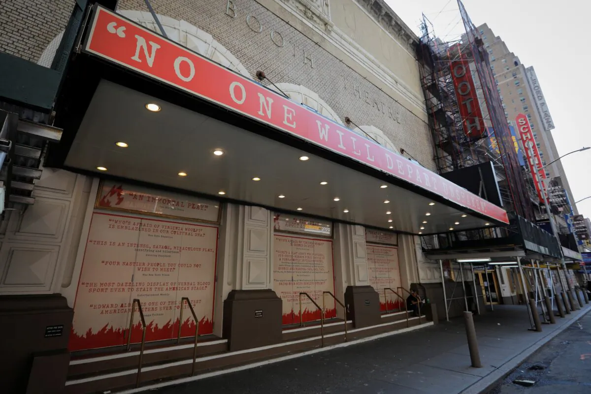 The shuttered Booth Theatre is pictured after industry group the Broadway League said Broadway theaters will remain closed through January 3, 2021, in New York City, on July 2, 2020. (Mike Segar/Reuters)