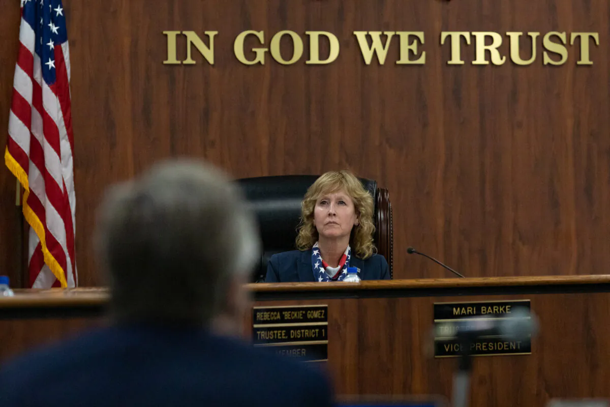 Trustee Mari Barke sits in an Orange County Board of Education meeting in Costa Mesa, Calif., on Oct. 7, 2020. (John Fredricks/The Epoch Times)