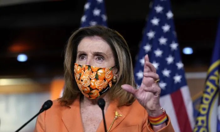 House Speaker Nancy Pelosi (D-Calif.) speaks to reporters in Washington on Oct. 8, 2020. (J. Scott Applewhite/AP Photo)