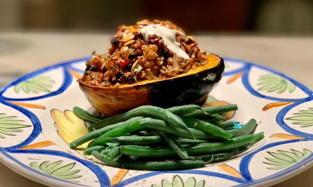 Stuffed, baked, and finished with a cooling yogurt sauce, acorn squash makes a hearty, well rounded autumn meal. (Cardinale Montano)