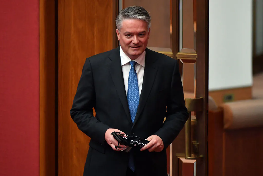 Finance Minister Mathias Cormann departs the Senate at Parliament House in Canberra, Australia on Oct. 6, 2020. (Sam Mooy/Getty Images)