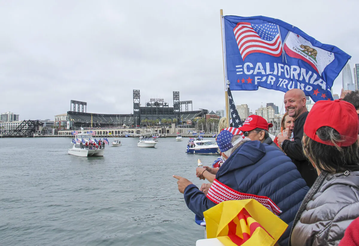 A boat parade in support of President Donald Trump starts at McCovey Cove by Oracle Park in San Francisco, Calif., on Oct. 10, 2020. (Ilene Eng/The Epoch Times)