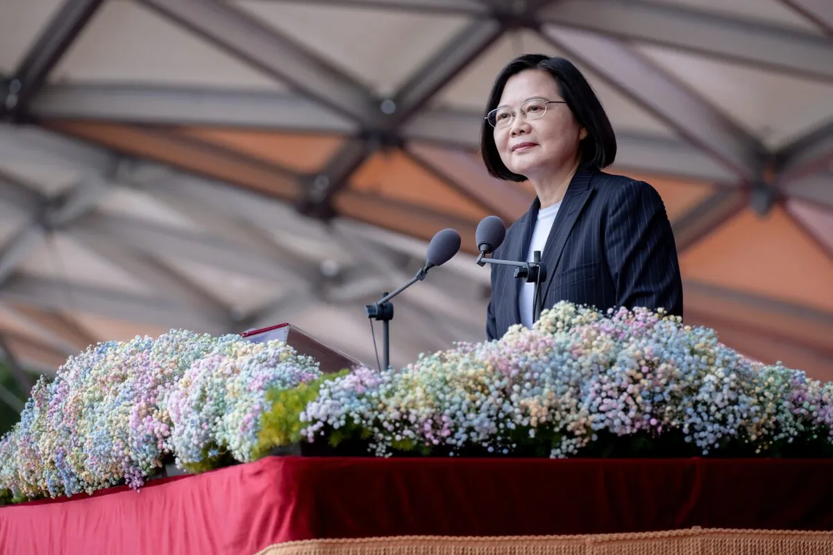 Taiwan President Tsai Ing-wen speaks during National Day in front of the Presidential Office in Taipei on Oct. 10, 2020. (Taiwan’s Presidential Office)