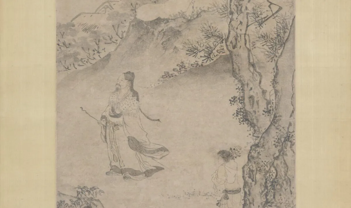 A detail from an ink-wash landscape painting, in which artist Du Jin portrays poet Tao Yuanming strolling through the mountains and admiring the chrysanthemum blossoms. The Metropolitan Museum of Art. (Public Domain)